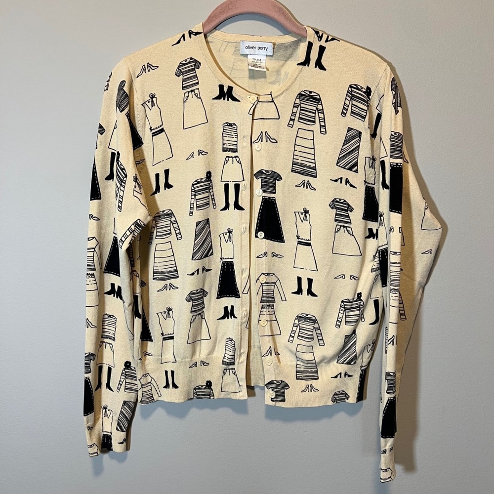 Oliver Perry Silk Blend Novelty Fashion Print‎ Cardigan Cream Black Women's M
